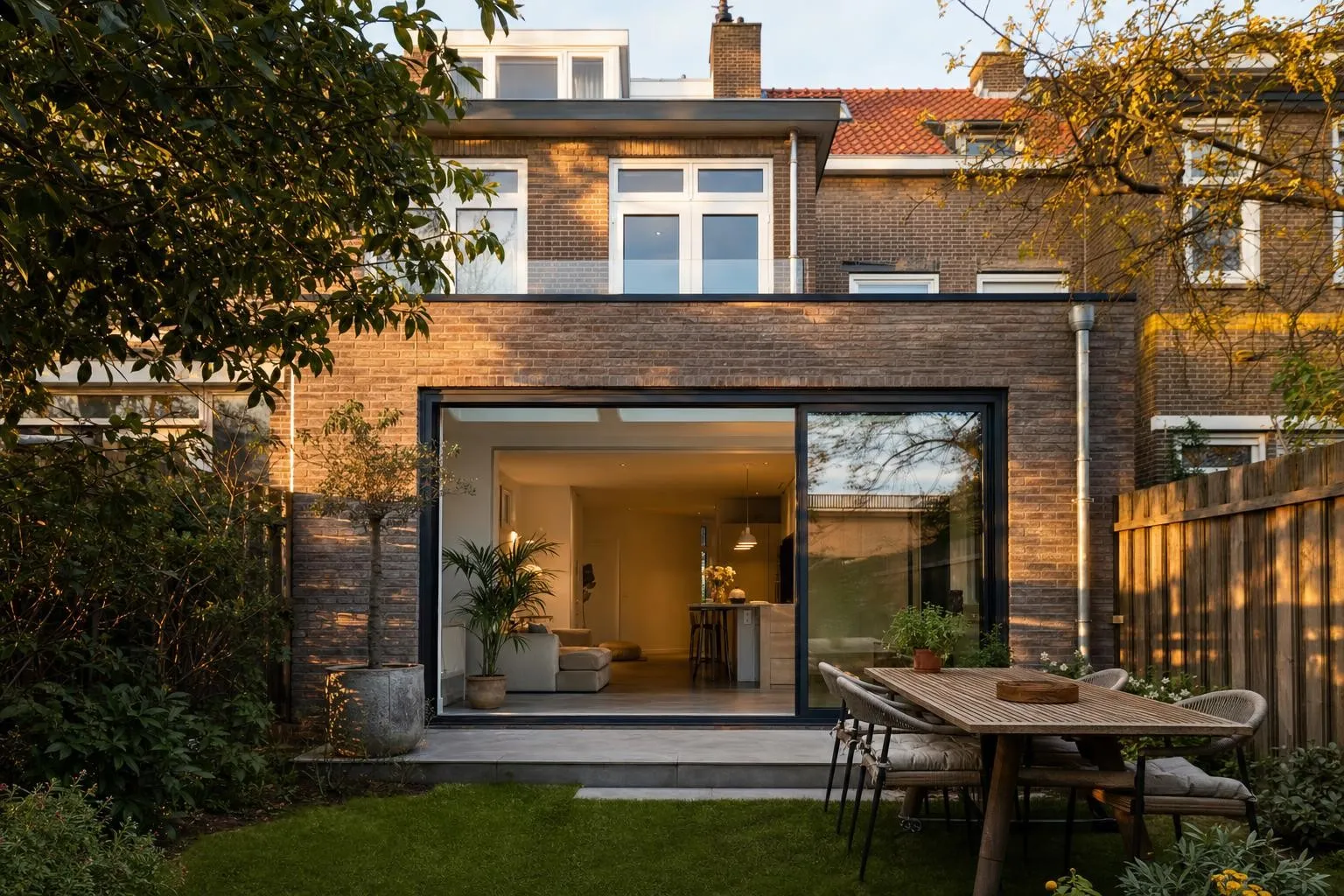 Bakstenen woning met moderne platdak-uitbouw en grote glazen schuifpui