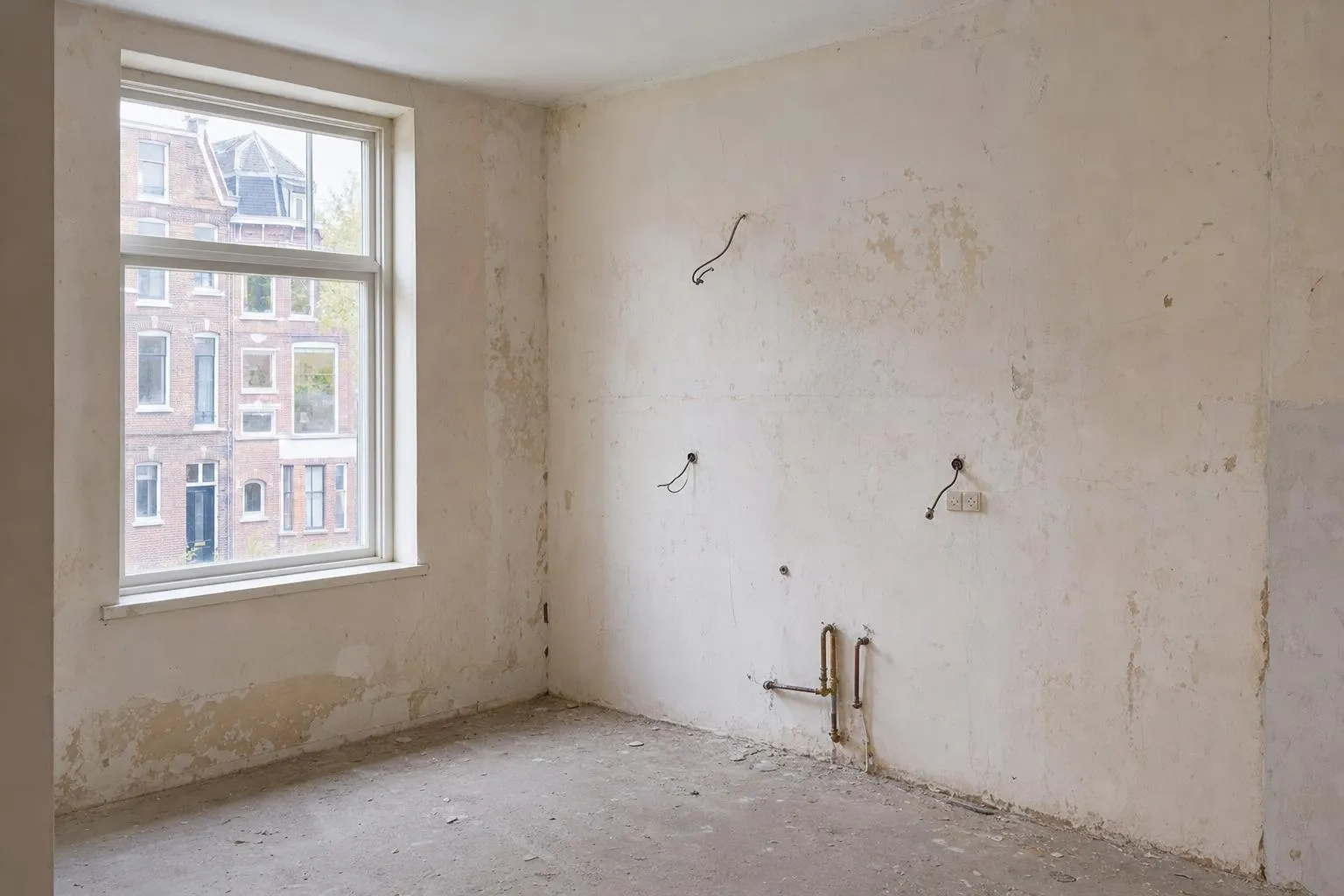 Dezelfde ruimte vóór de renovatie: leeg, kale betonvloer en beschadigd, slecht geschilderd stucwerk