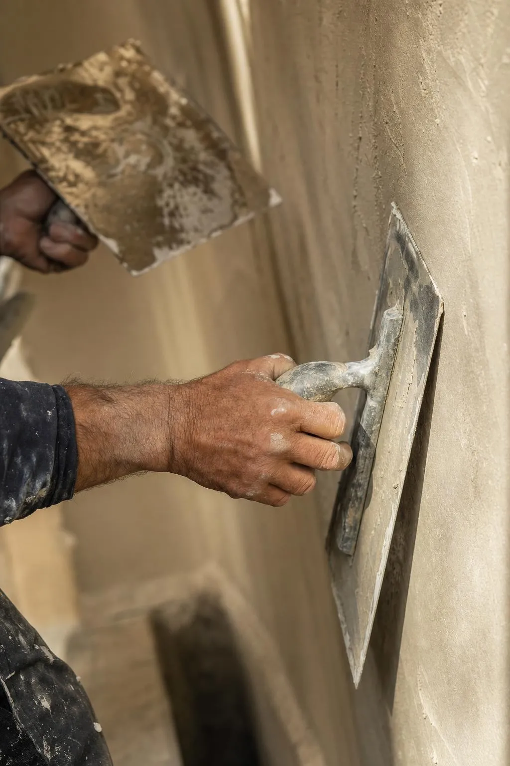 Vakman werkt met de troffel aan strak, glad stucwerk